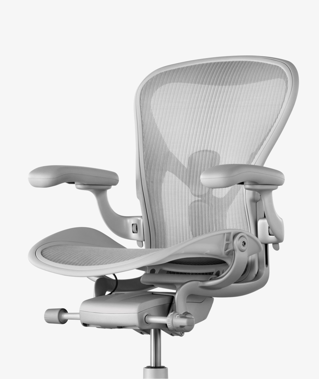 Photo of new Aeron chair in Mineral finish, from the tilt mechanism up