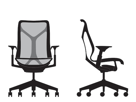 Front and side view line art of a mid-back Cosm Chair.