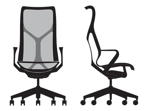 Front and side view line art of a high-back Cosm Chair.