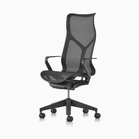 A high-back Cosm Chair with fixed arms and Graphite dark grey frame and suspension material.