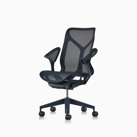 A mid-back Cosm ergonomic desk chair with leaf arms and Nightfall dark blue frame and suspension material.