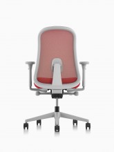 Red and grey Lino Chair with adjustable sacral lumbar support, viewed from the back.