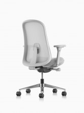 Grey Lino Chair with adjustable sacral lumbar support, viewed from the back at an angle.