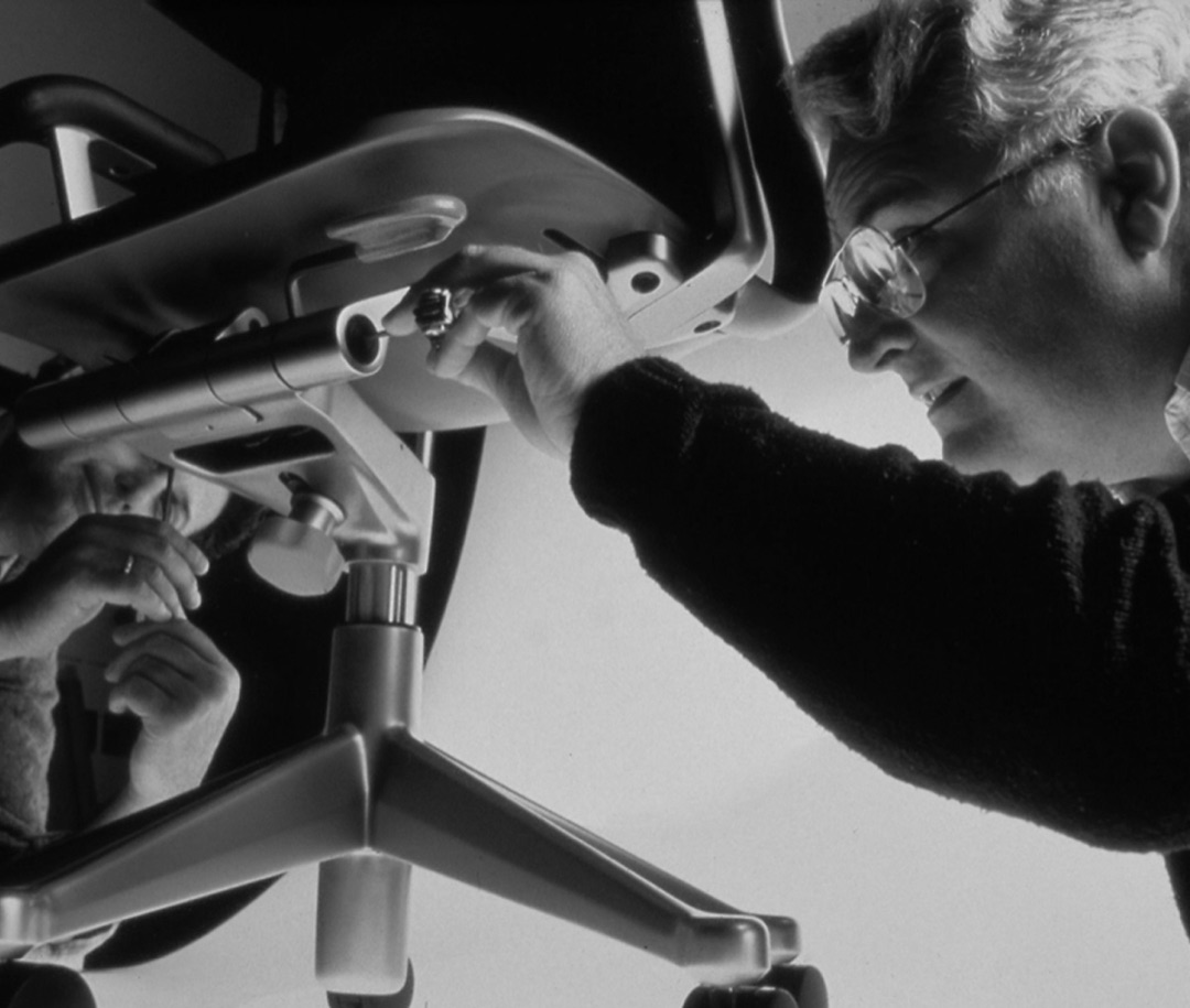 Co-designer Bill Stumpf inspects an original Aeron Chair prototype