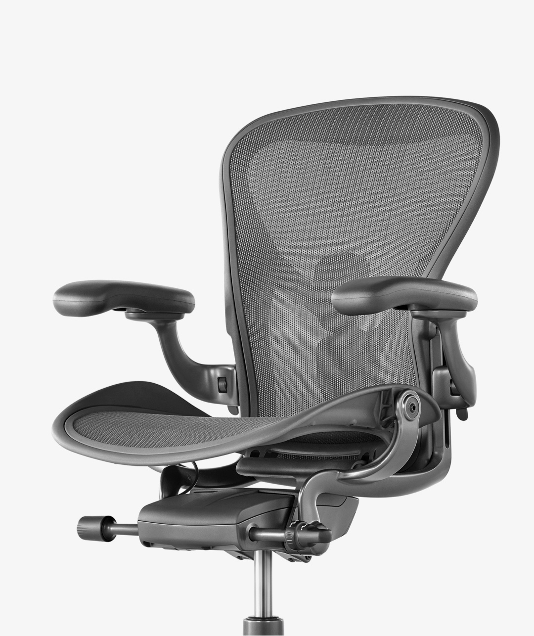 Photo of new Aeron chair in Carbon finish, from the tilt mechanism up
