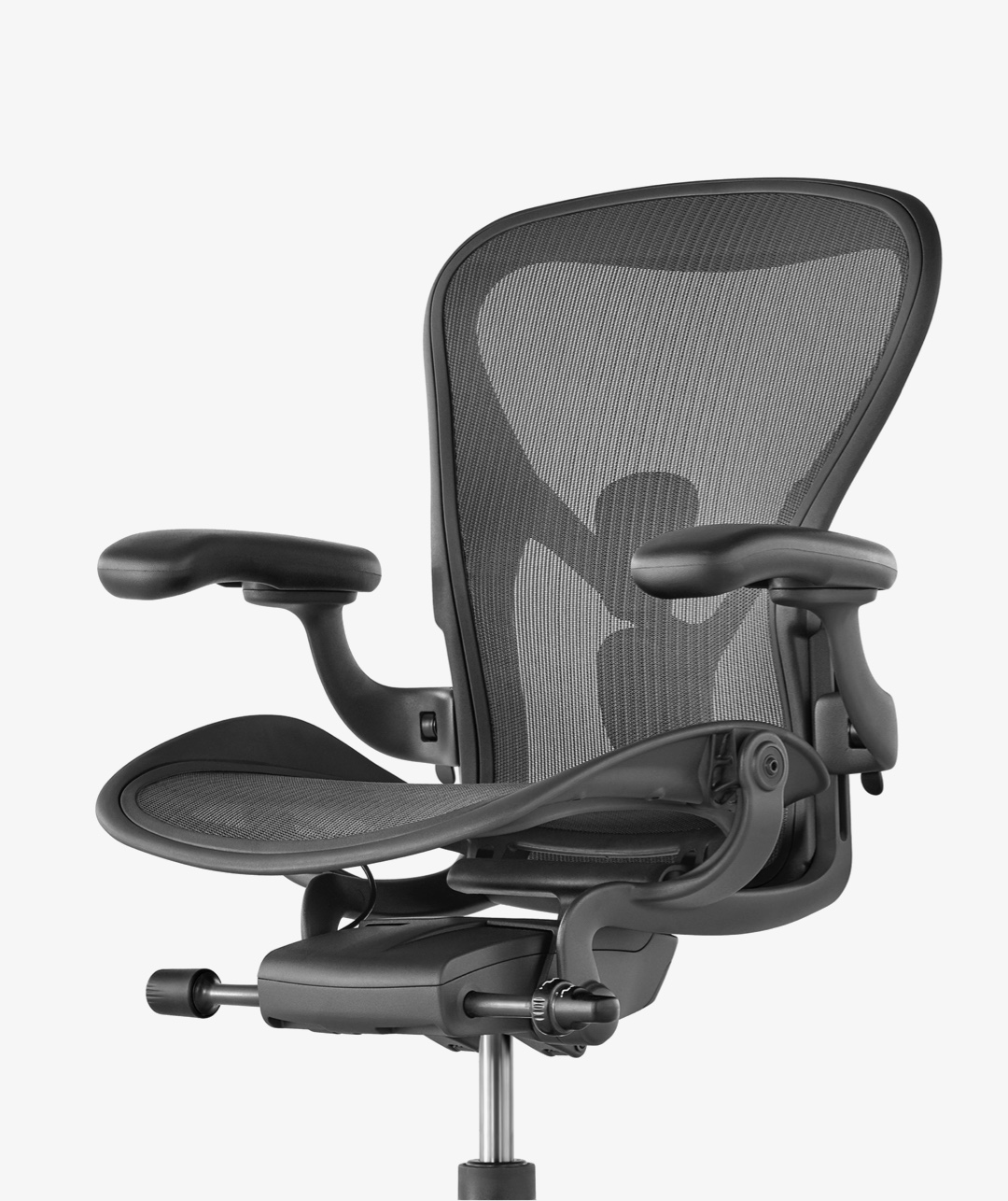 Photo of new Aeron chair in Graphite finish, from the tilt mechanism up
