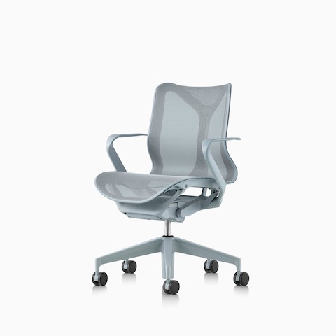 A low-back Cosm ergonomic desk chair with fixed arms and Glacier light blue frame and suspension material.