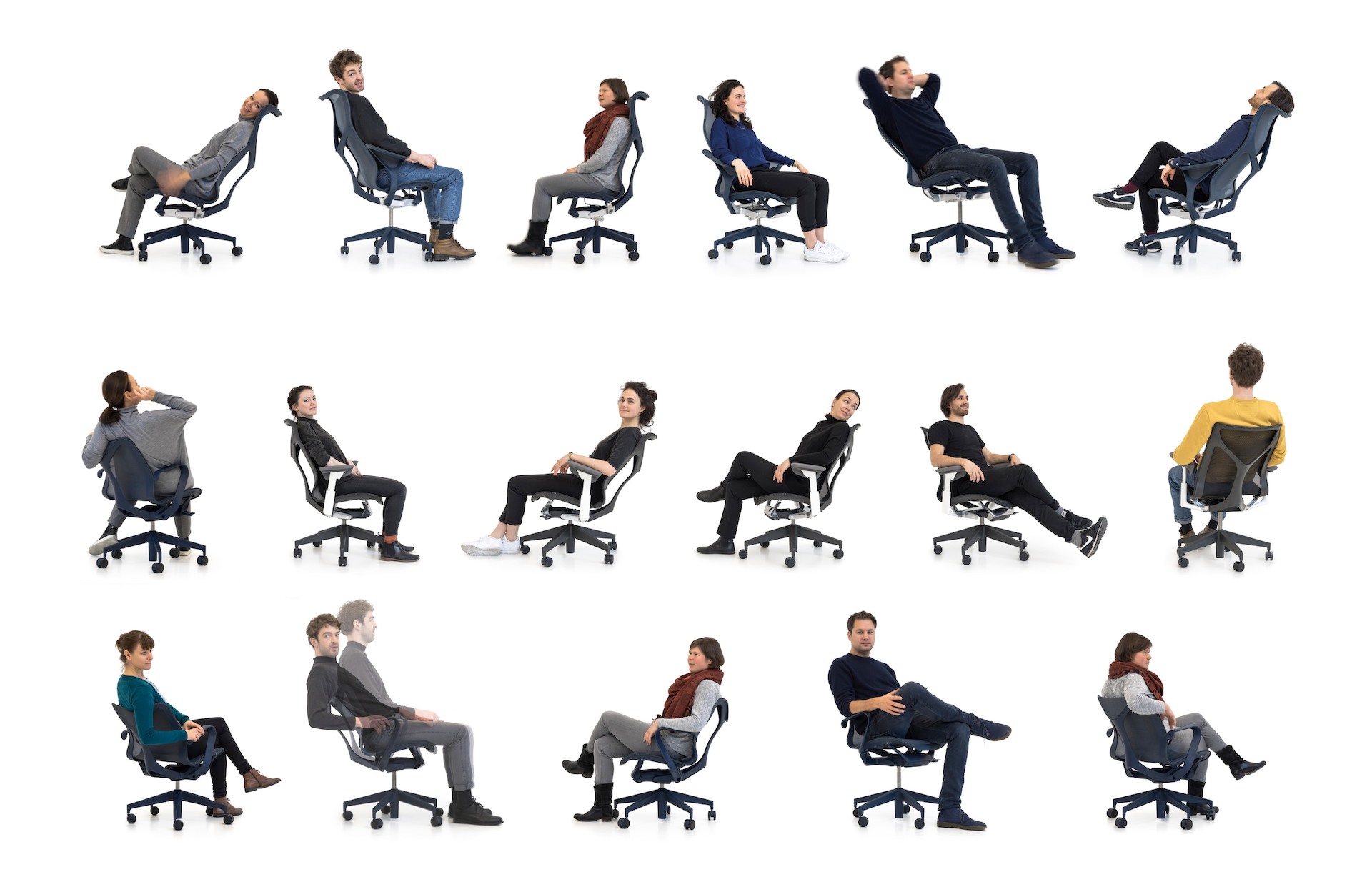 A variety of members of Studio 7.5 sitting in low-, mid-, and high-back Cosm Chairs, reclining, sitting forward, and relaxing.